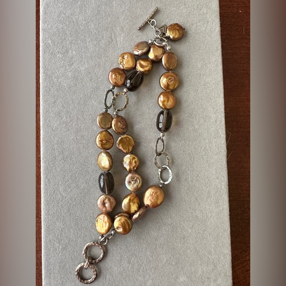 Silpada Bronze Coin Pearl Smoky Quartz Sterling Silver 925 Bracelet 7” - Picture 1 of 5